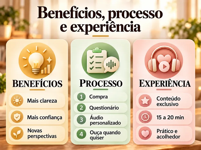 Áreas de atuação da consultoria: finanças, saúde, relacionamentos, família, carreira e bem-estar